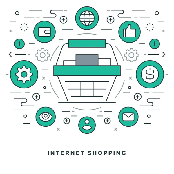 Línea plana de compras en línea y comercio electrónico. Ilustración vectorial . — Vector de stock
