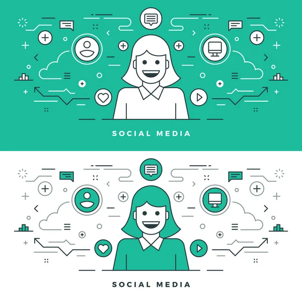 Flat line Social Media and Network Concept Vector illustration. — Stock Vector