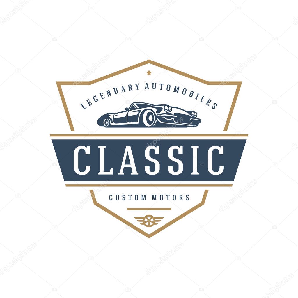 Hot rod car logo template vector design element vintage style for label or badge retro illustration. Classic car silhouette.