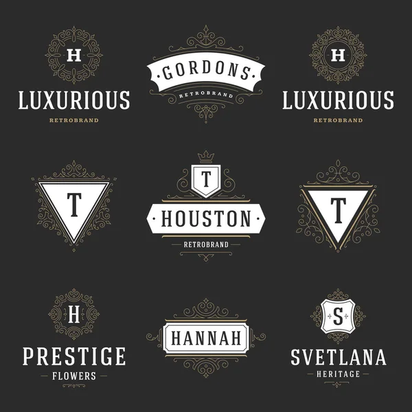 Logotipos de luxo conjuntos de modelos, floresce caligrafia elegantes linhas de ornamento . —  Vetores de Stock