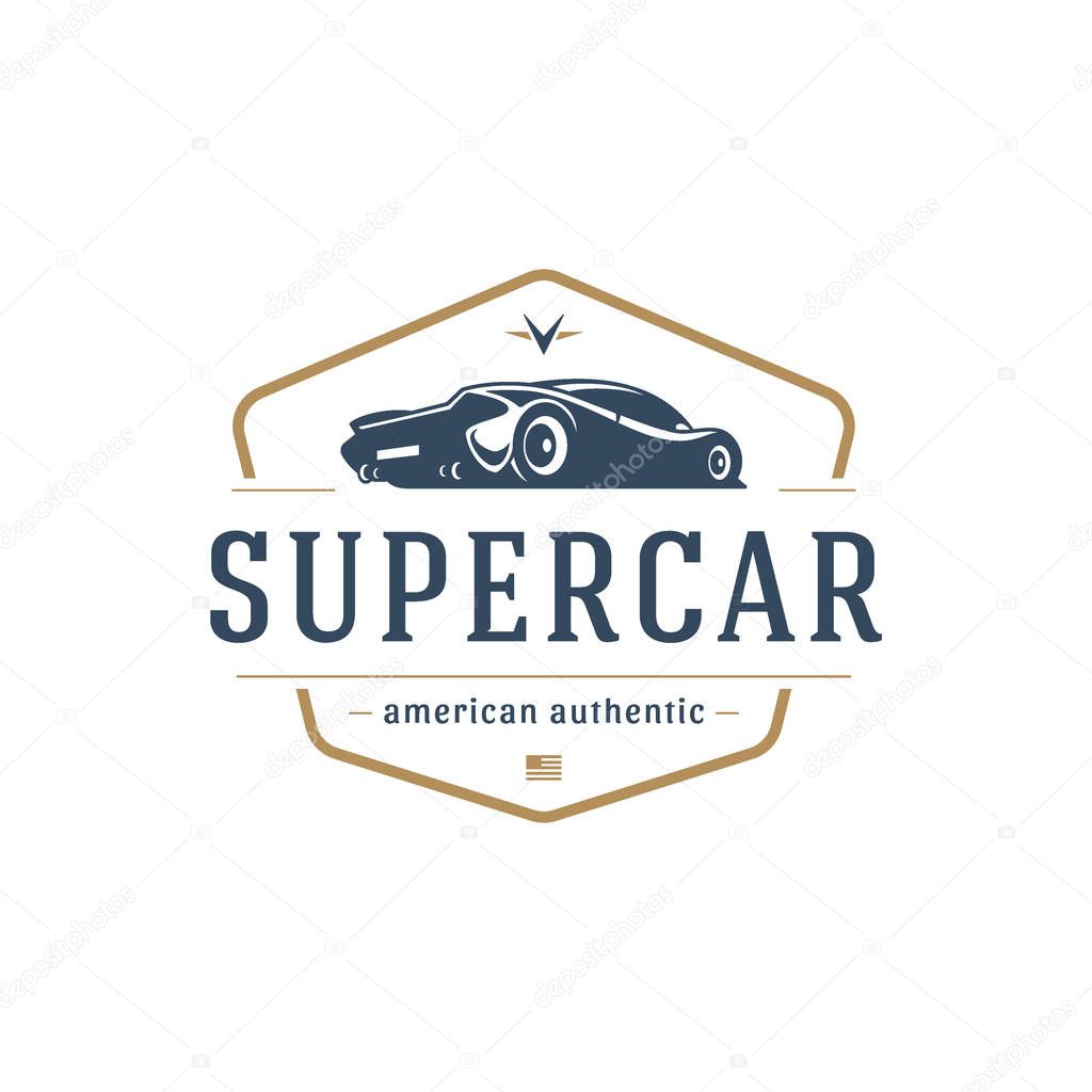 Sport car car logo template vector design element vintage style for label or badge retro illustration. Super car silhouette.