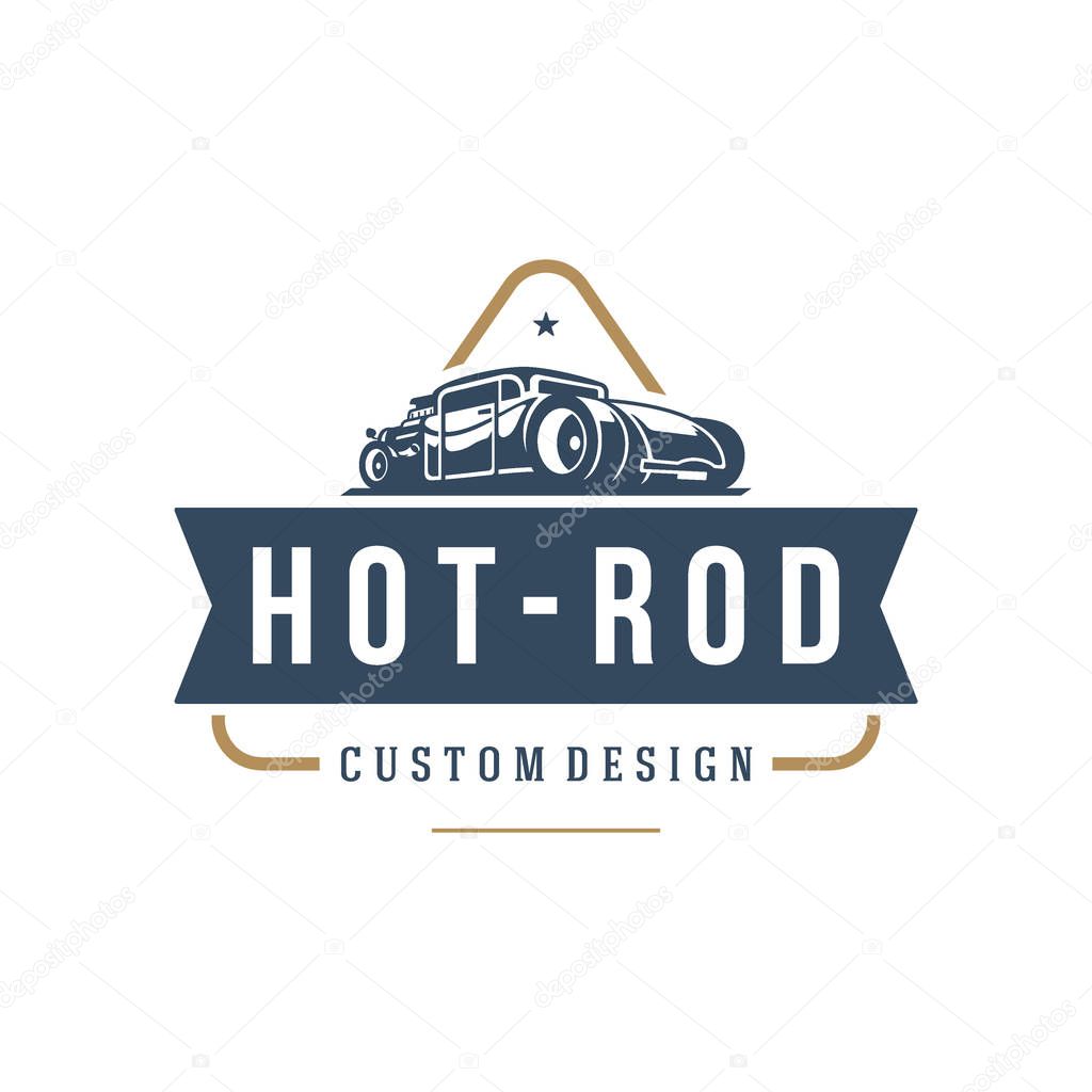Hot rod car logo template vector design element vintage style for label or badge retro illustration. Classic car silhouette.