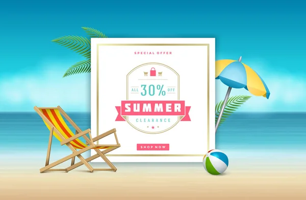 Banner di vendita estate shopping online su sfondo spiaggia — Vettoriale Stock
