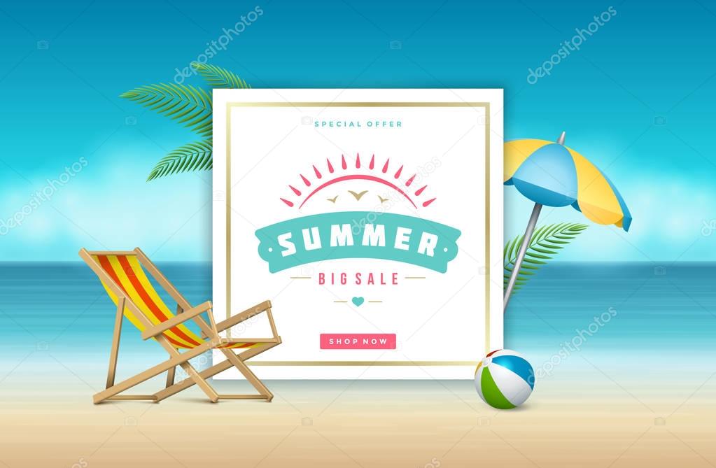 Summer Sale banner online shopping on beach background