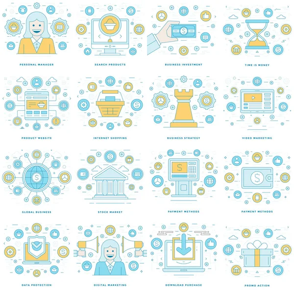 Ilustrações de linha plana e ícones conjunto de conceitos de negócios — Vetor de Stock