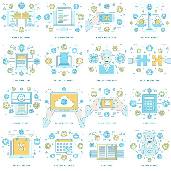 Platte lijn illustraties en pictogrammen bedrijfsconcepten instellen — Stockvector