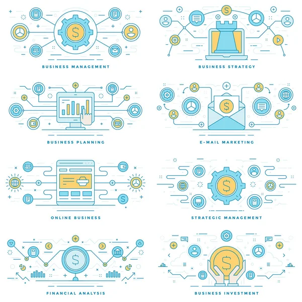 Linee piatte illustrazioni e icone concetti di business set — Vettoriale Stock