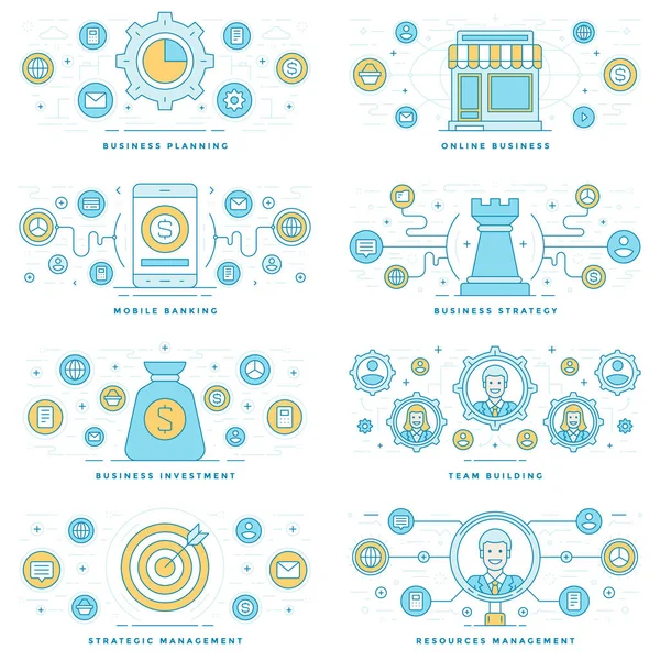 Ilustraciones de línea plana e iconos conjunto de conceptos de negocio — Vector de stock