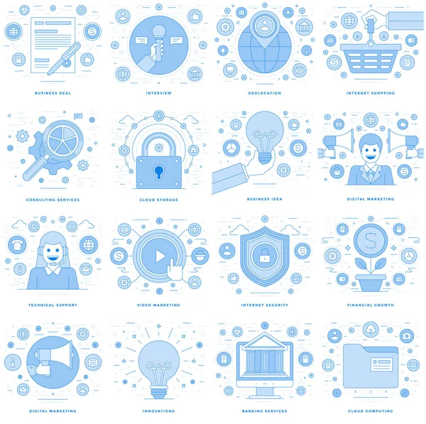 Ilustraciones de línea plana e iconos conjunto de conceptos de negocio — Vector de stock