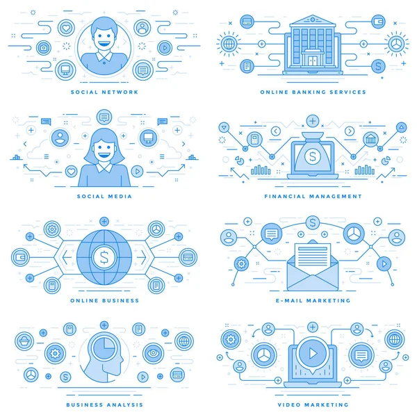 Flat line illustrations and icons business concepts set — Stock Vector