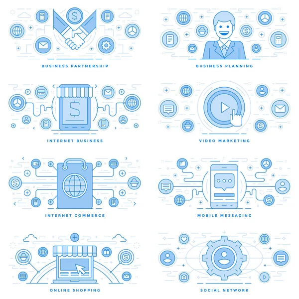 Flat line illustrations and icons business concepts set — Stock Vector