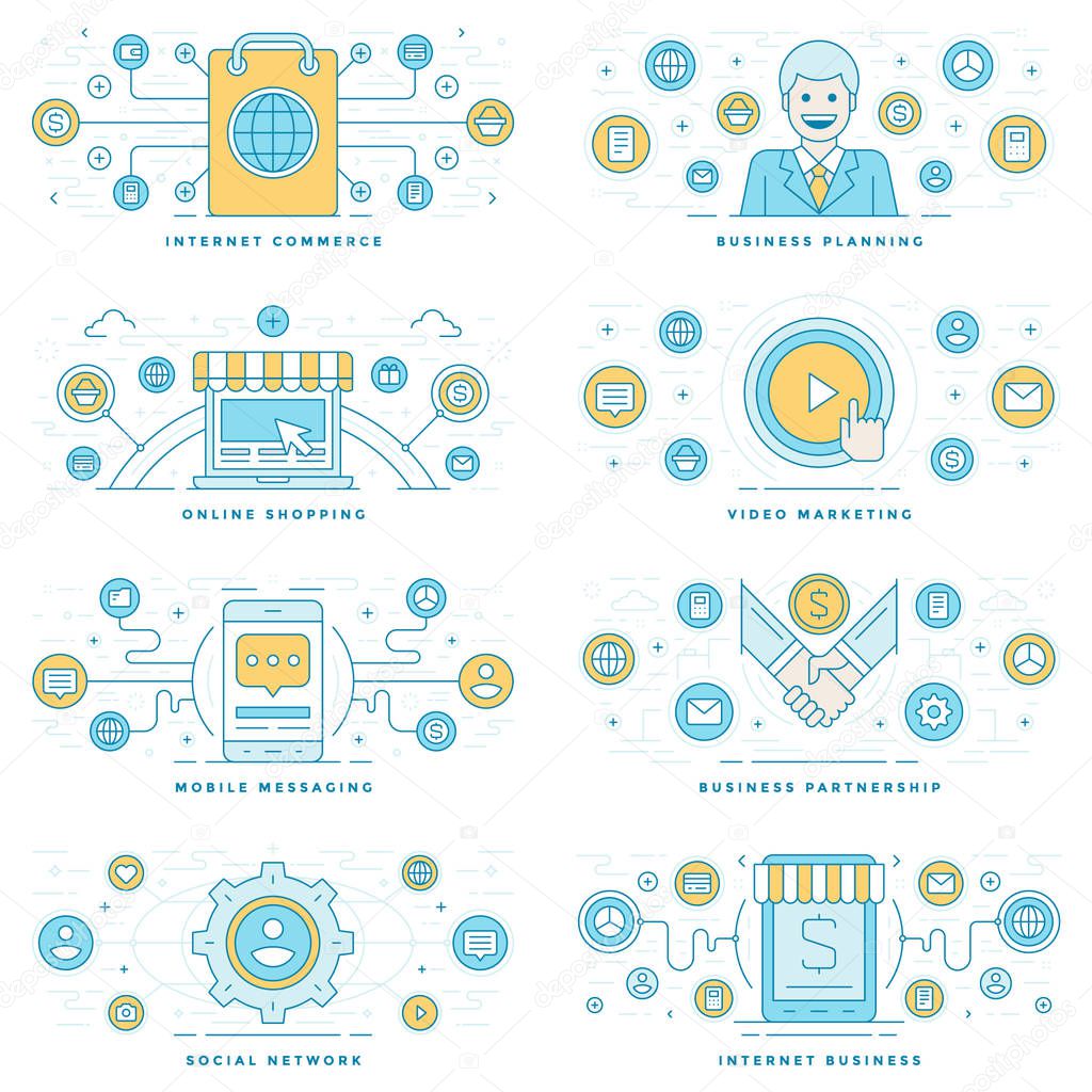 Flat line illustrations and icons business concepts set