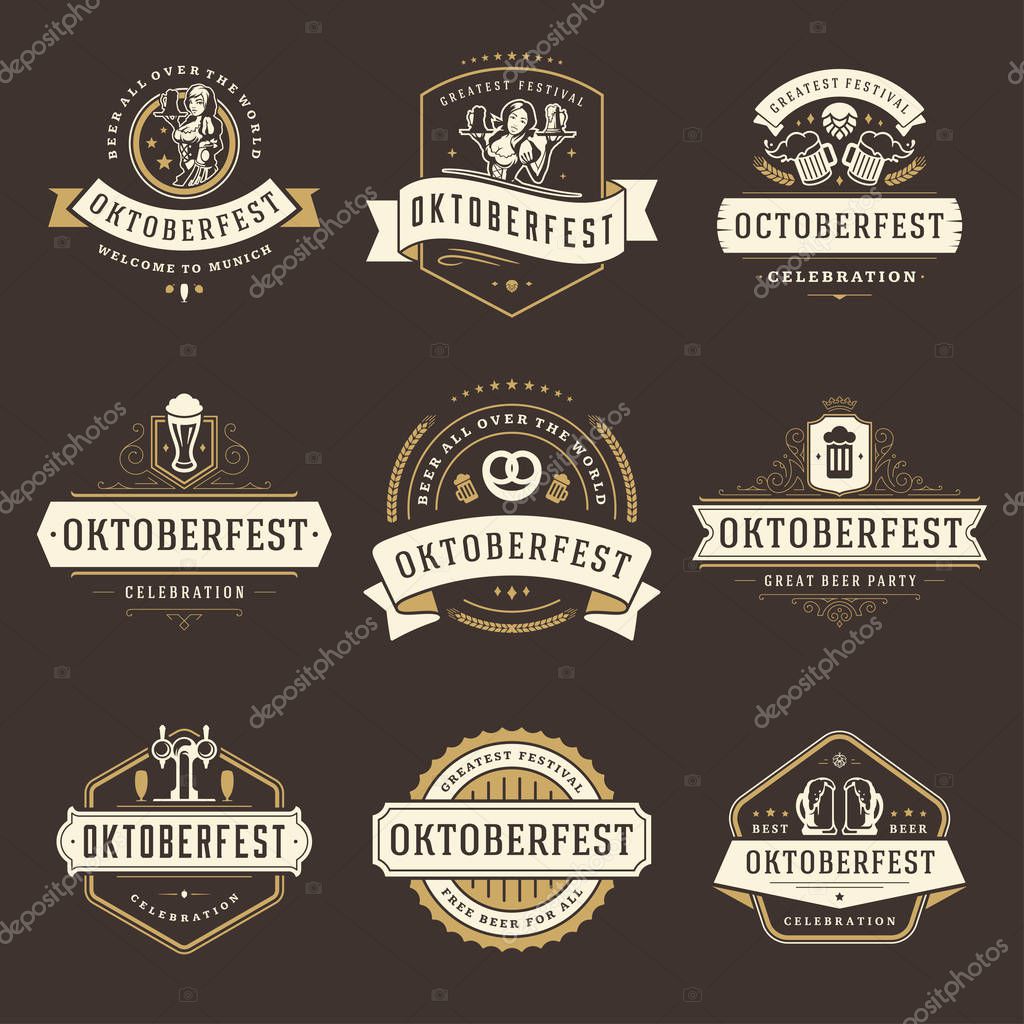 Oktoberfest celebration beer festival labels, badges and logos set retro style vector illustration.