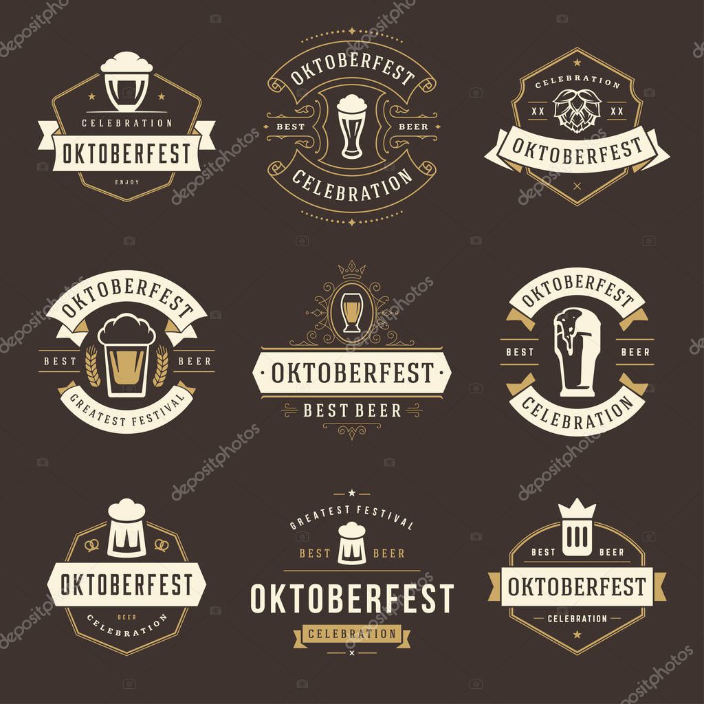 Oktoberfest celebration beer festival labels, badges and logos set retro style vector illustration.