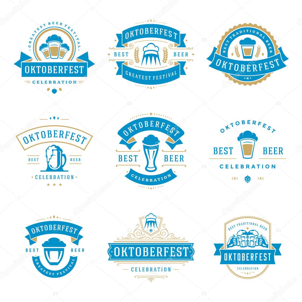 Oktoberfest celebration beer festival labels, badges and logos set retro style vector illustration.