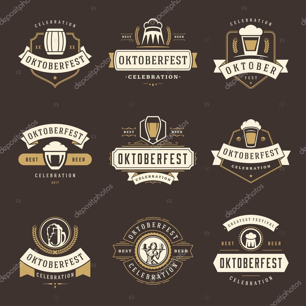 Oktoberfest celebration beer festival labels, badges and logos set retro style vector illustration.