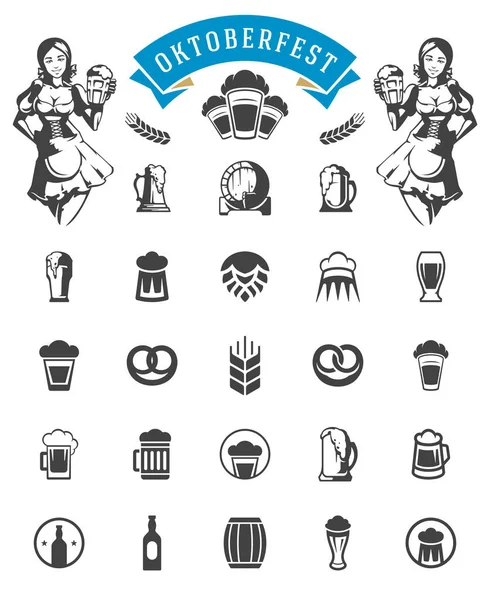 Oktoberfest celebración festival de la cerveza iconos y objetos establecidos — Archivo Imágenes Vectoriales