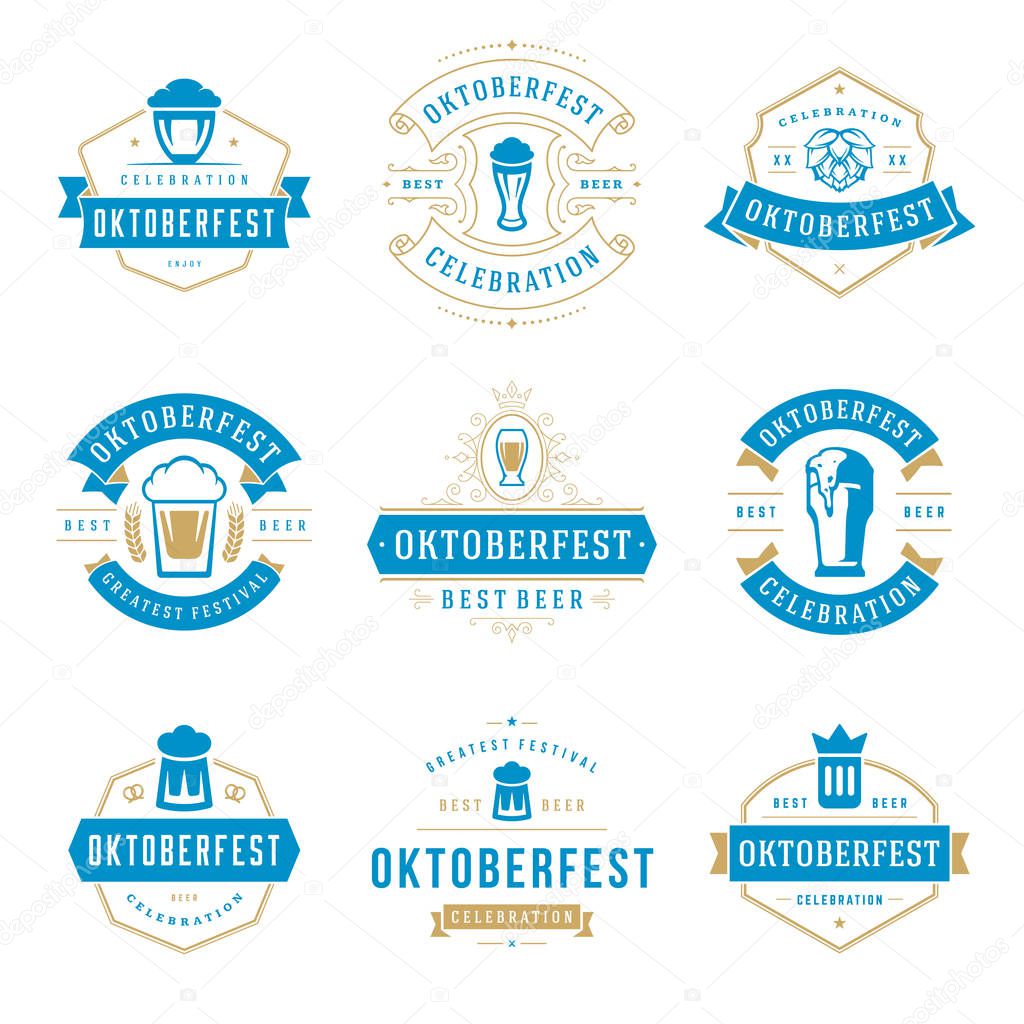 Oktoberfest celebration beer festival labels, badges and logos set retro style vector illustration.