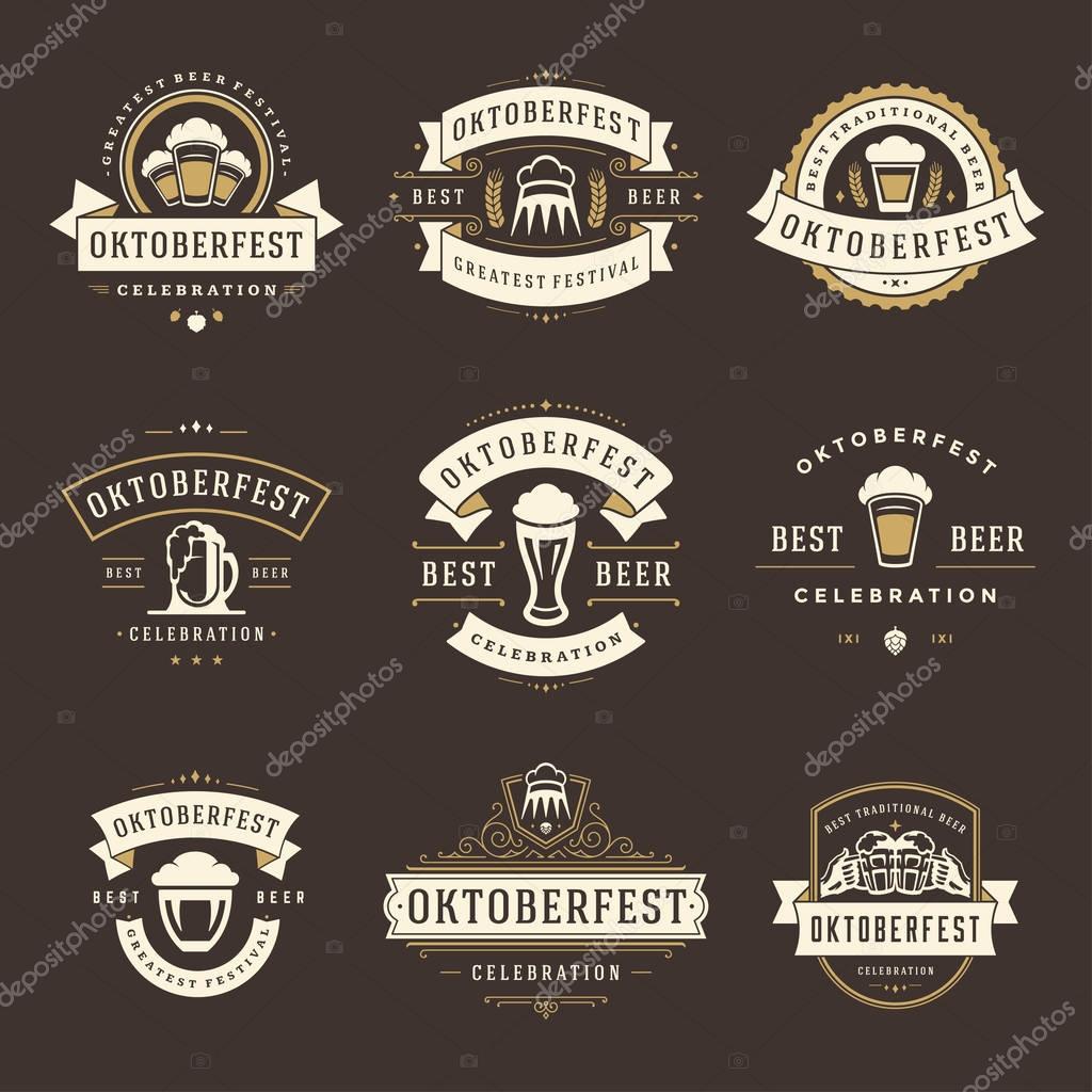 Oktoberfest celebration beer festival labels, badges and logos set retro style vector illustration.