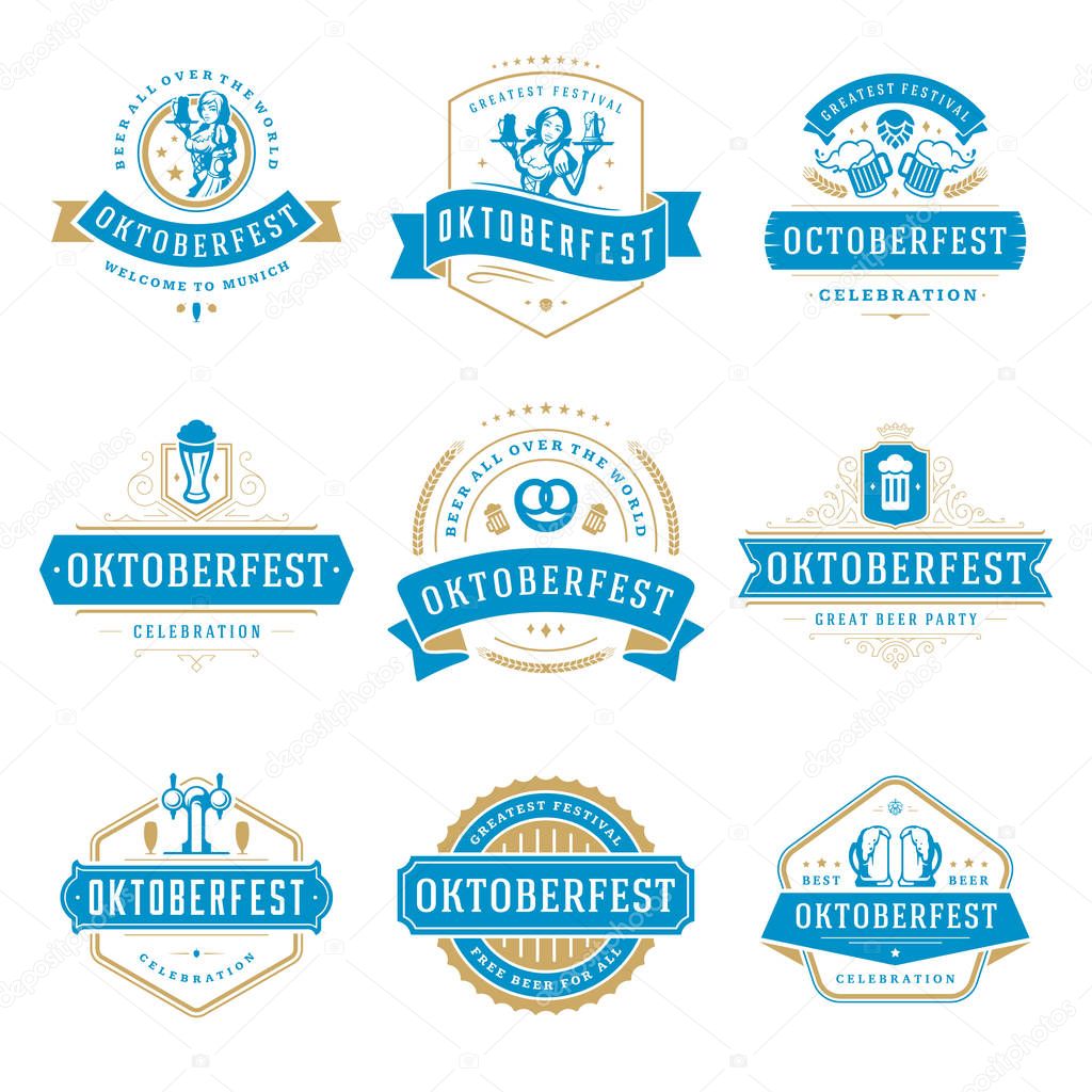 Oktoberfest celebration beer festival labels, badges and logos set retro style vector illustration.