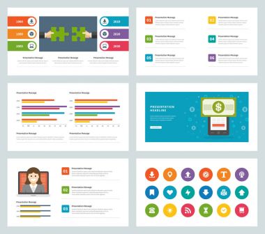 İş sunu şablonları düz tasarım vektör Infographic simgeler ve öğeleri.