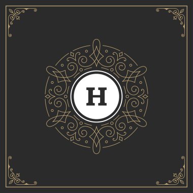 Kaligrafi vintage çerçeve süsleme monogram logo tasarım şablonu vektör gelişir. İyi Lüks Crest, butik marka, Düğün Salonu, otel işareti.