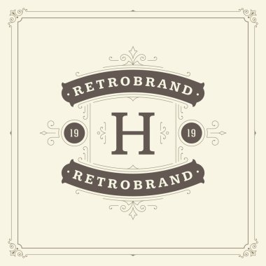 Kaligrafi vintage çerçeve süsleme monogram logo tasarım şablonu vektör gelişir. İyi Lüks Crest, butik marka, Düğün Salonu, otel işareti.