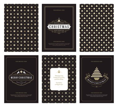 Merry Christmas tebrik kartları şablonları ve altın desenler arka planlar, Noel tatili için yer ile Tipografik Tasarım dileğiyle. Vektör çizim.