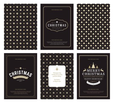 Merry Christmas tebrik kartları şablonları ve altın desenler arka planlar, Noel tatili için yer ile Tipografik Tasarım dileğiyle. Vektör çizim.
