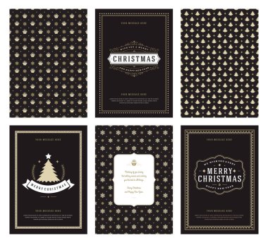 Merry Christmas tebrik kartları şablonları ve altın desenler arka planlar, Noel tatili için yer ile Tipografik Tasarım dileğiyle. Vektör çizim.