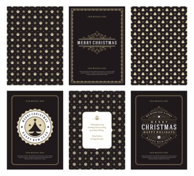 Merry Christmas tebrik kartları şablonları ve altın desenler arka planlar, Noel tatili için yer ile Tipografik Tasarım dileğiyle. Vektör çizim.