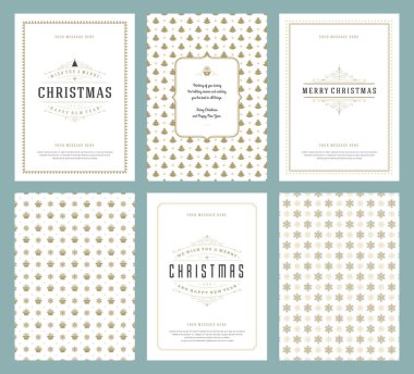 Merry Christmas tebrik kartları şablonları ve altın desenler arka planlar, Noel tatili için yer ile Tipografik Tasarım dileğiyle. Vektör çizim.