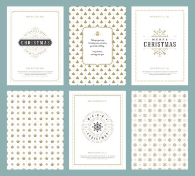 Merry Christmas tebrik kartları şablonları ve altın desenler arka planlar, Noel tatili için yer ile Tipografik Tasarım dileğiyle. Vektör çizim.