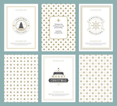 Merry Christmas tebrik kartları şablonları ve altın desenler arka planlar, Noel tatili için yer ile Tipografik Tasarım dileğiyle. Vektör çizim.