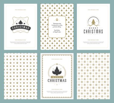 Merry Christmas tebrik kartları şablonları ve altın desenler arka planlar, Noel tatili için yer ile Tipografik Tasarım dileğiyle. Vektör çizim.