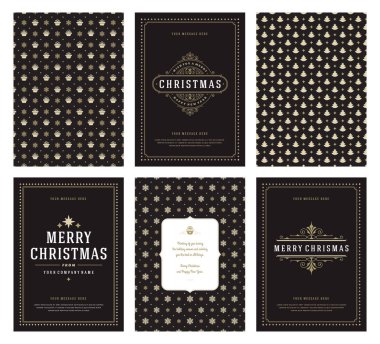 Merry Christmas tebrik kartları şablonları ve altın desenler arka planlar, Noel tatili için yer ile Tipografik Tasarım dileğiyle. Vektör çizim.