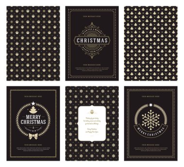 Merry Christmas tebrik kartları şablonları ve altın desenler arka planlar, Noel tatili için yer ile Tipografik Tasarım dileğiyle. Vektör çizim.
