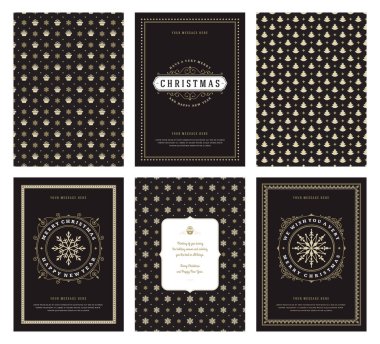 Merry Christmas tebrik kartları şablonları ve altın desenler arka planlar, Noel tatili için yer ile Tipografik Tasarım dileğiyle. Vektör çizim.
