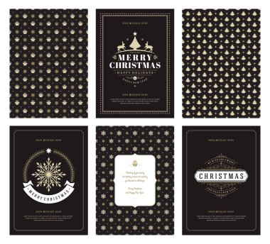 Merry Christmas tebrik kartları şablonları ve altın desenler arka planlar, Noel tatili için yer ile Tipografik Tasarım dileğiyle. Vektör çizim.