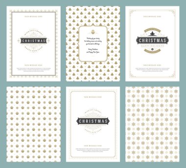 Merry Christmas tebrik kartları şablonları ve altın desenler arka planlar, Noel tatili için yer ile Tipografik Tasarım dileğiyle. Vektör çizim.