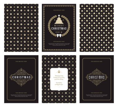 Merry Christmas tebrik kartları şablonları ve altın desenler arka planlar, Noel tatili için yer ile Tipografik Tasarım dileğiyle. Vektör çizim.