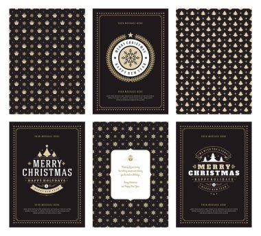 Merry Christmas tebrik kartları şablonları ve altın desenler arka planlar, Noel tatili için yer ile Tipografik Tasarım dileğiyle. Vektör çizim.