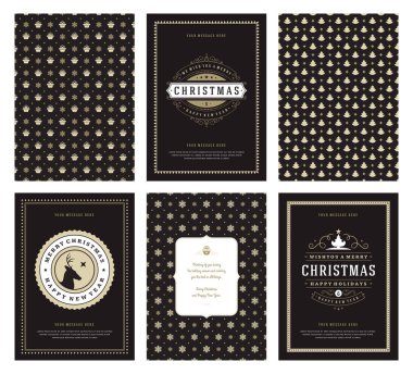 Merry Christmas tebrik kartları şablonları ve altın desenler arka planlar, Noel tatili için yer ile Tipografik Tasarım dileğiyle. Vektör çizim.