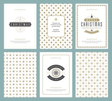 Merry Christmas tebrik kartları şablonları ve altın desenler arka planlar, Noel tatili için yer ile Tipografik Tasarım dileğiyle. Vektör çizim.