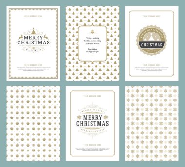 Merry Christmas tebrik kartları şablonları ve altın desenler arka planlar