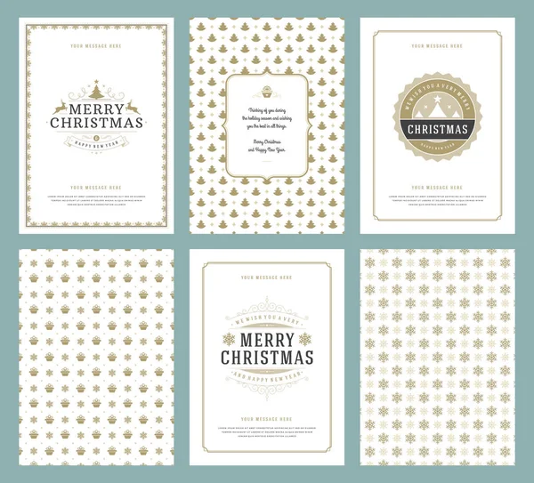 Feliz Navidad tarjetas de felicitación plantillas y patrones de oro fondos — Vector de stock