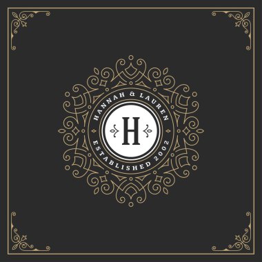 Kaligrafi vintage çerçeve süsleme monogram logo tasarım şablonu vektör gelişir. İyi Lüks Crest, butik marka, Düğün Salonu, otel işareti.