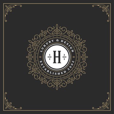 Kaligrafi vintage çerçeve süsleme monogram logo tasarım şablonu vektör gelişir. İyi Lüks Crest, butik marka, Düğün Salonu, otel işareti.