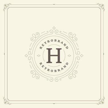 Kaligrafi vintage çerçeve süsleme monogram logo tasarım şablonu vektör gelişir. İyi Lüks Crest, butik marka, Düğün Salonu, otel işareti.