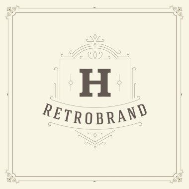 Kaligrafi vintage çerçeve süsleme monogram logo tasarım şablonu vektör gelişir. İyi Lüks Crest, butik marka, Düğün Salonu, otel işareti.